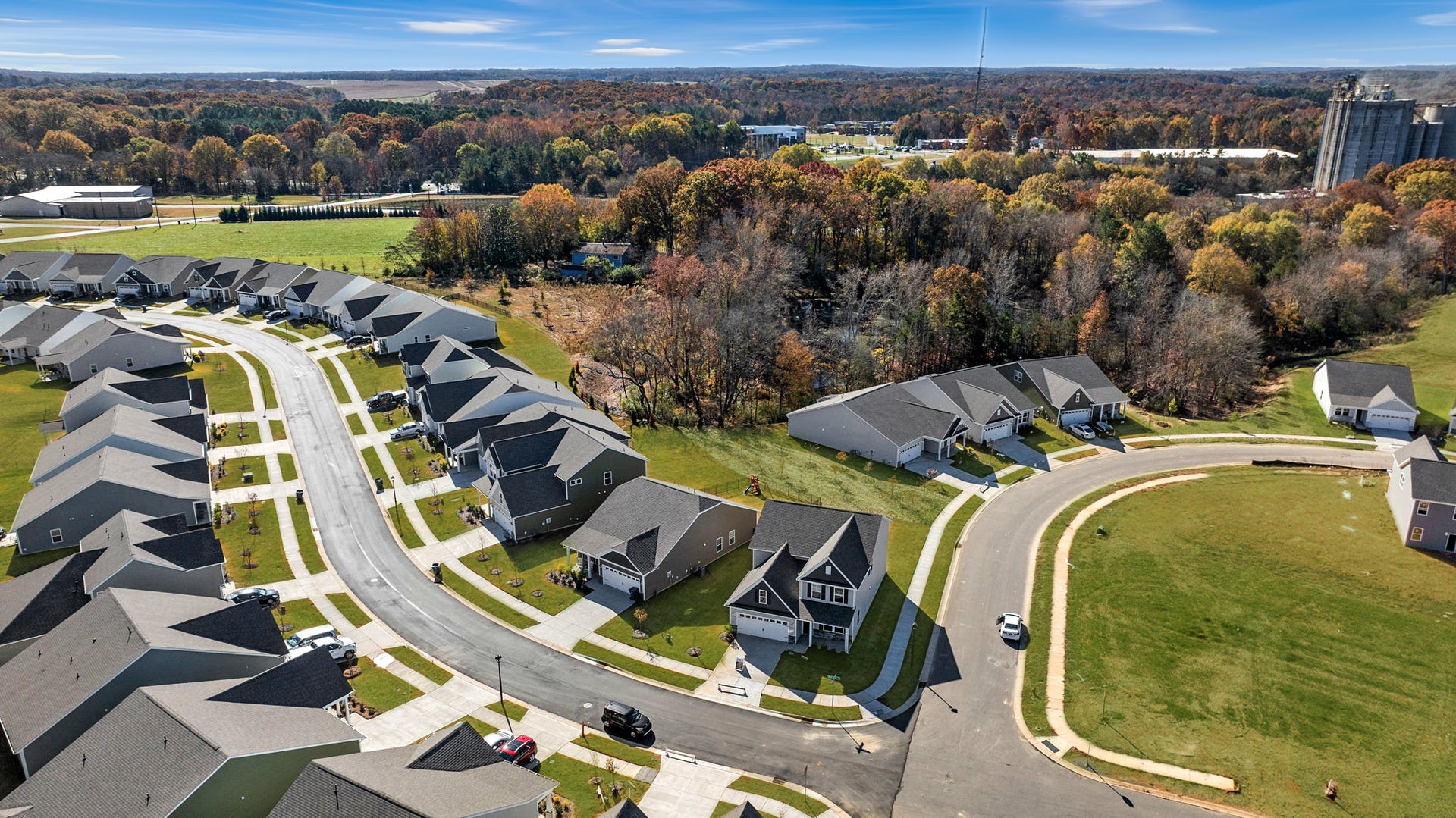 Aerial view of homes in Monroe, NC with surrounding Union County countryside